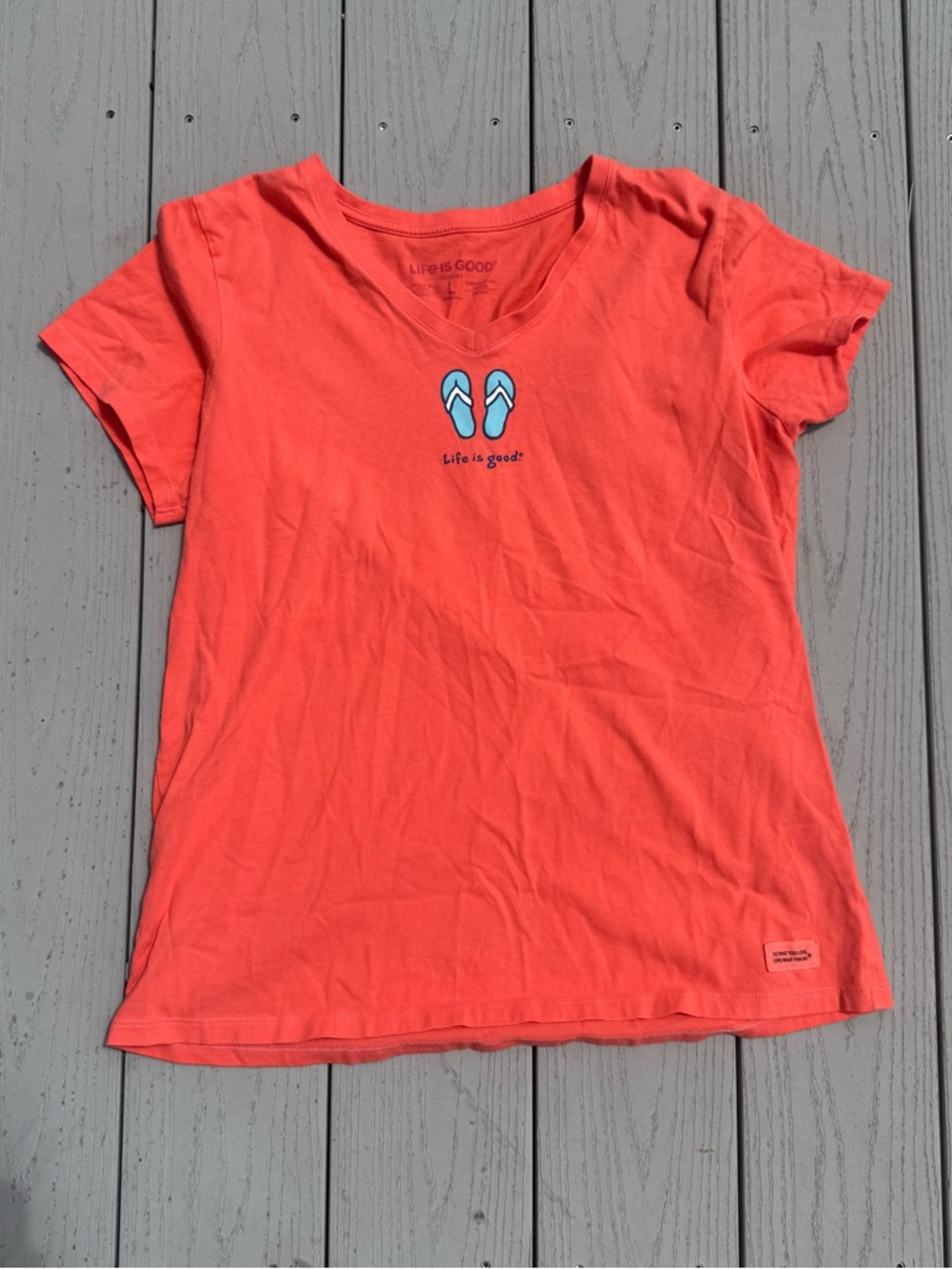 Life Is Good Coral Short Sleeve Tee with Blue Flip Flop Graphic